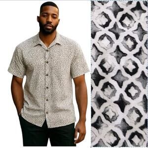 Tommy Bahama Button Up Shirt Mens L Cream Gray Geometric Viscose Short Sleeve